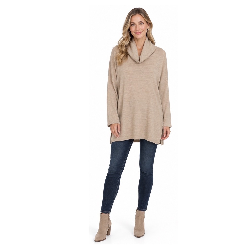 H&M Beige Cowl Neck Oversized Knit Tunic Sweater Dolman Sleeve L Cozy 113-11